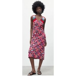 NWT Zara Long Crochet Squares Knit Midi Dress Limited Edition Multicolored